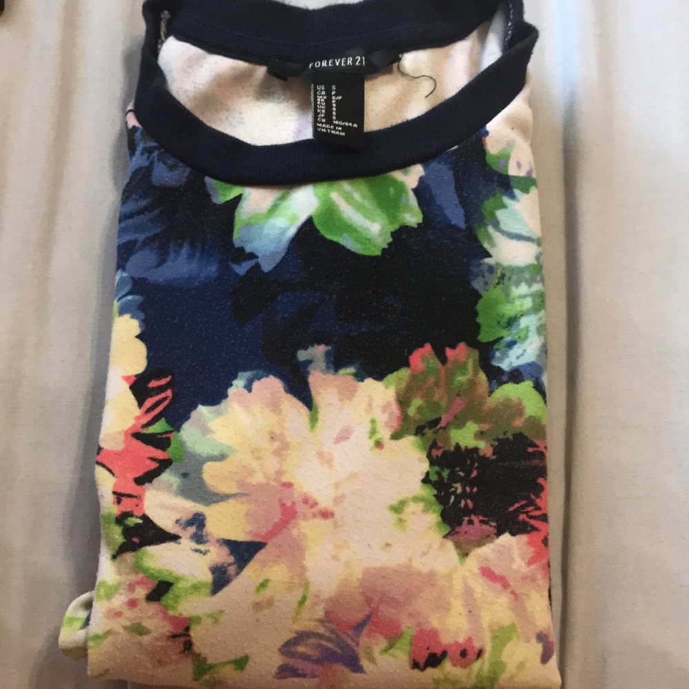 FOREVER21 Navy blue along sleeve sweater with flowers